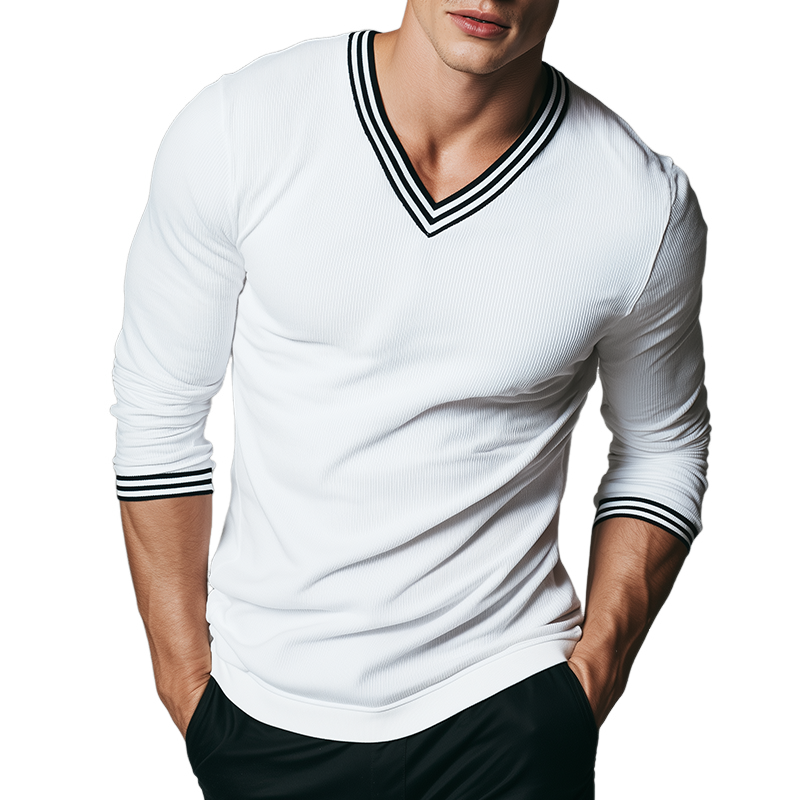 Men's Retro Casual Solid Color V-Neck Long Sleeve T-Shirt MTA0477H3TO