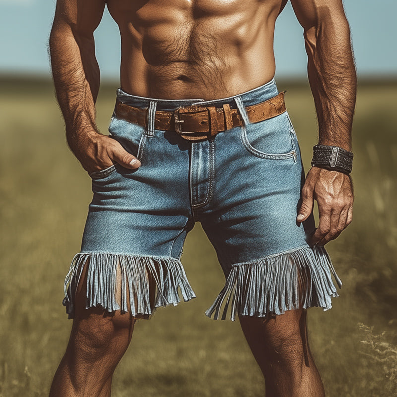 Men'S Western Cowboy Style Vintage Denim Fringe Shorts MTA1029E2U