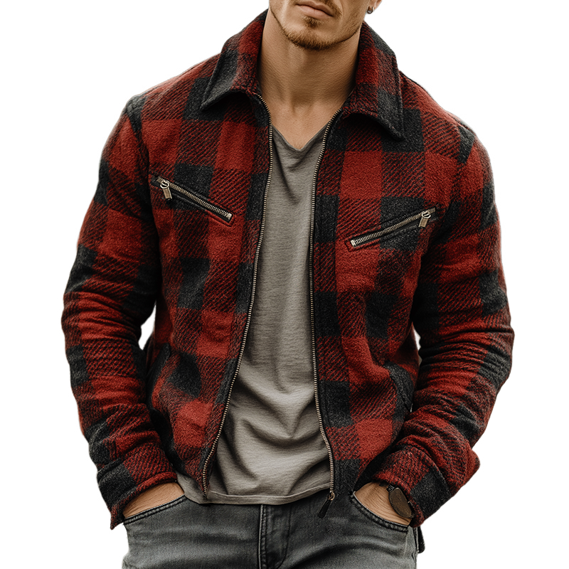 Men's Retro Casual Plaid Lapel Zipper Jacket MTA2192J4TO