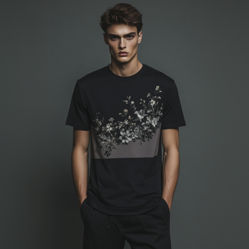 Men's Casual Floral Print Round Neck Slim Fit Short Sleeve T-shirt MTA1589E2M