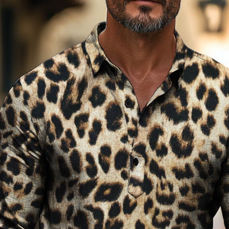 Men's Retro Casual Leopard Print Lapel Long Sleeve Shirt 43752075TO