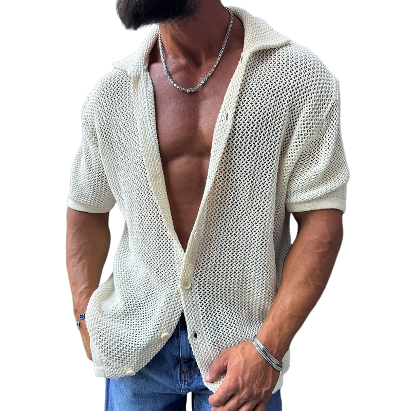 Men's Solid Color Knit Lapel Short Sleeve Shirt MTA1536G4Z