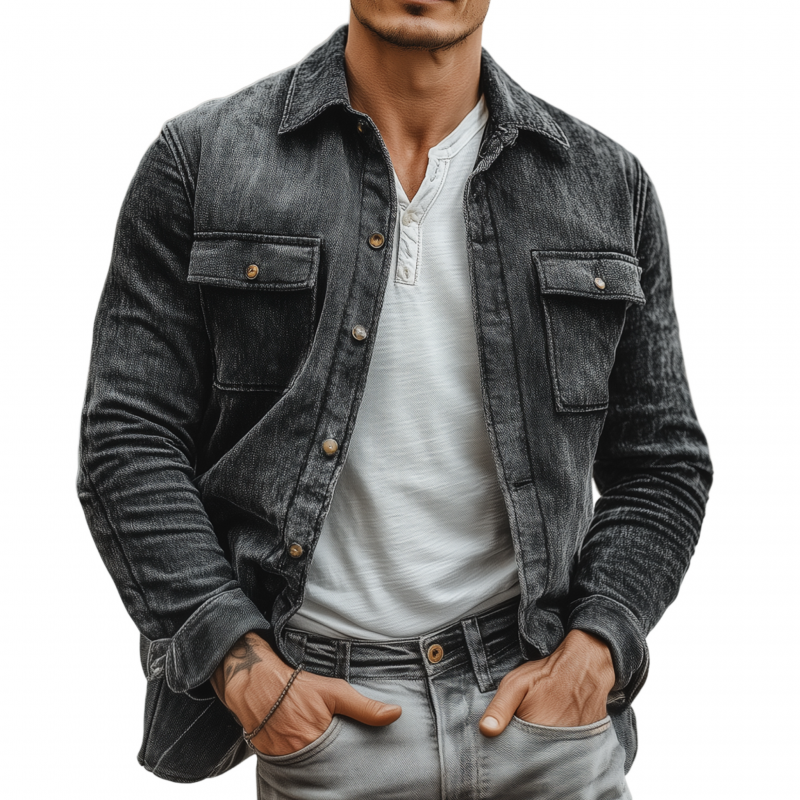 Men's Casual Chenille Fabric Lapel Flap Pocket Single Breasted Loose Long Sleeve Shirt Jacket MTA1764G9M