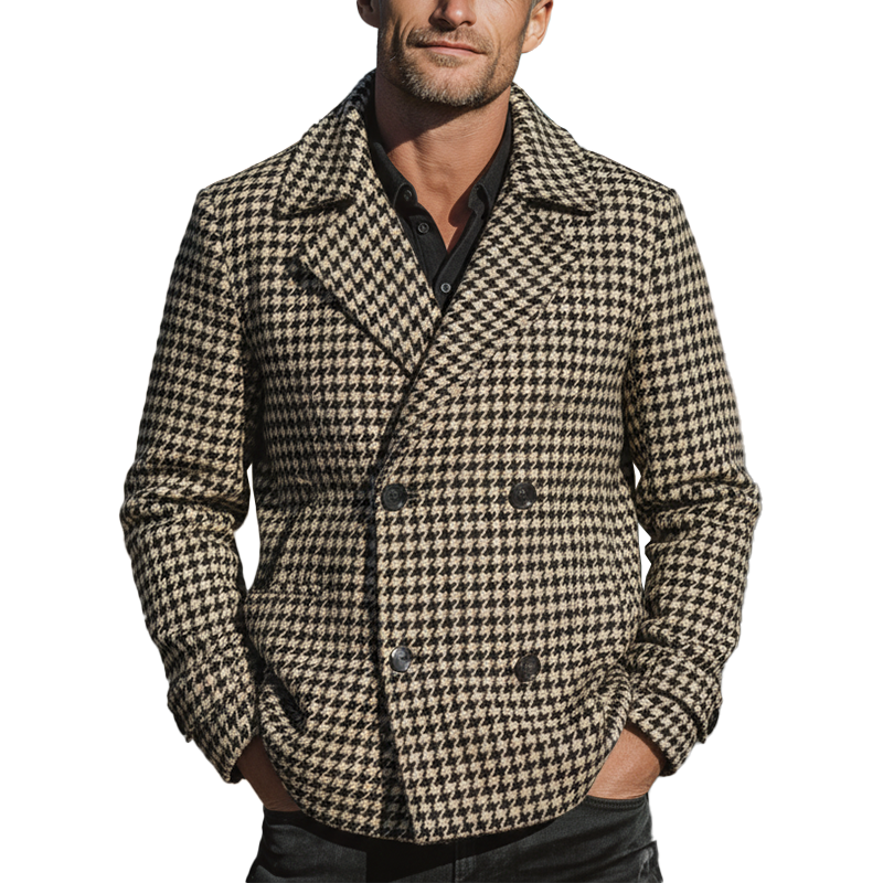 Men's Winter Fashion Houndstooth Imitation Wool Double-breasted Lapel Short Coat MTA2665I6P