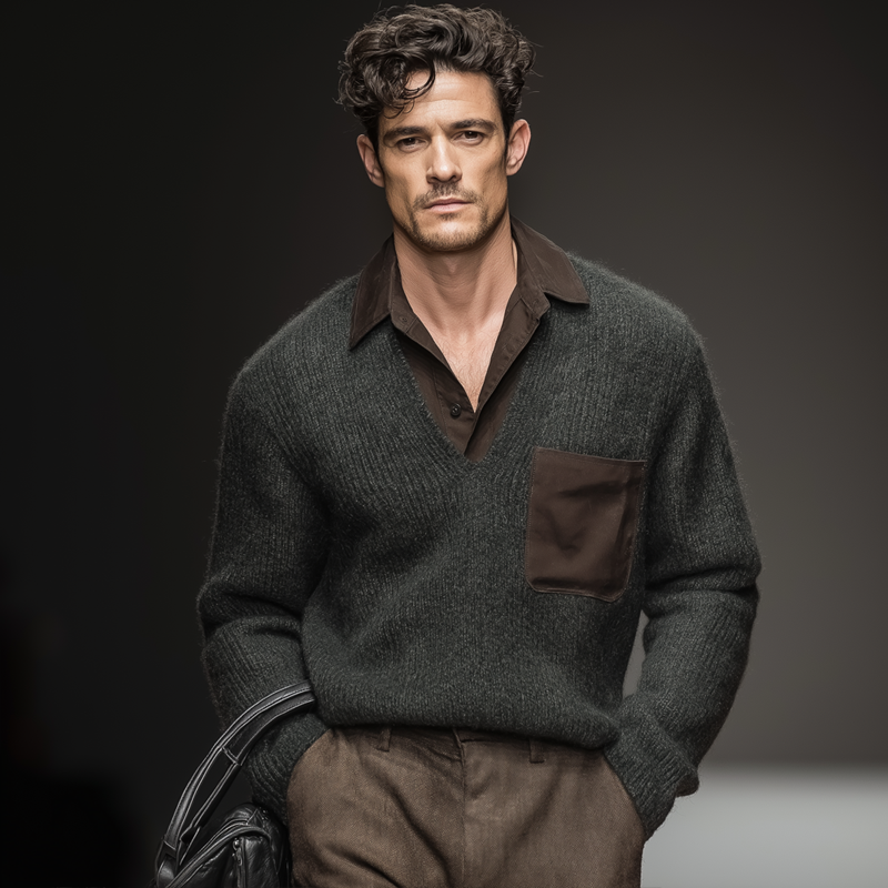 Men's Vintage Dark Green And Brown Fake Two-piece Sweater MTA2399J4U