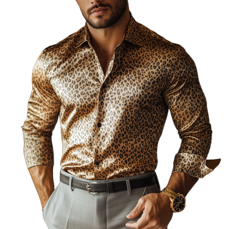 Men's Fashion Leopard Satin Lapel Single Breasted Long Sleeve Shirt 00538947Z