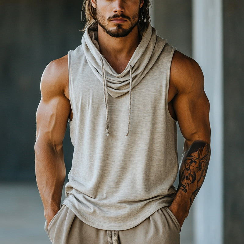 Men's Light Gray Hooded Casual Cotton Tank Top 94258400U