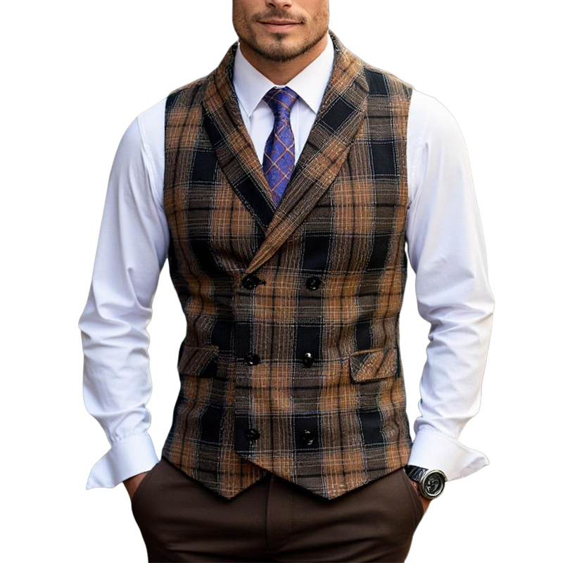 Men's Vintage Checkered Lapel Double-breasted Vest (shirt Not Included) 65090053X