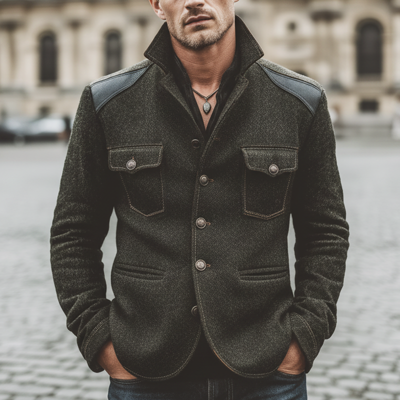 Men's Retro Stand Collar Faux Wool Patchwork PU Leather Single-Slit Jacket MTA2031K5U