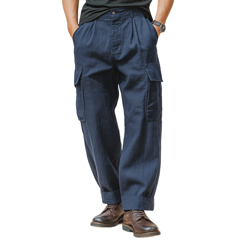 Men's Retro Casual Solid Color Cotton And Linen Pocket Pants MTA3146G0TO