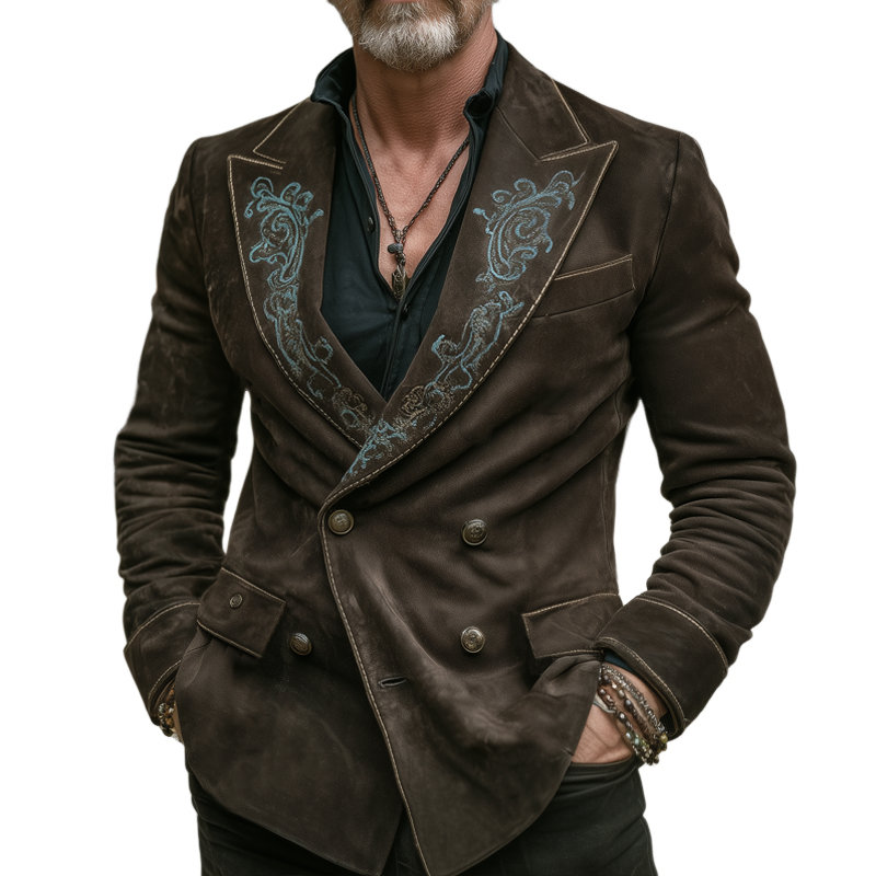 Men's Classic Embroidered Double-Breasted Suede Blazer MTA1087I2U