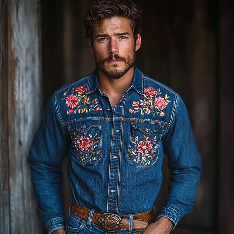 Men's Western Cowboy Style Embroidered Lapel Chest Pocket Long Sleeve Denim Shirt 60931992Z