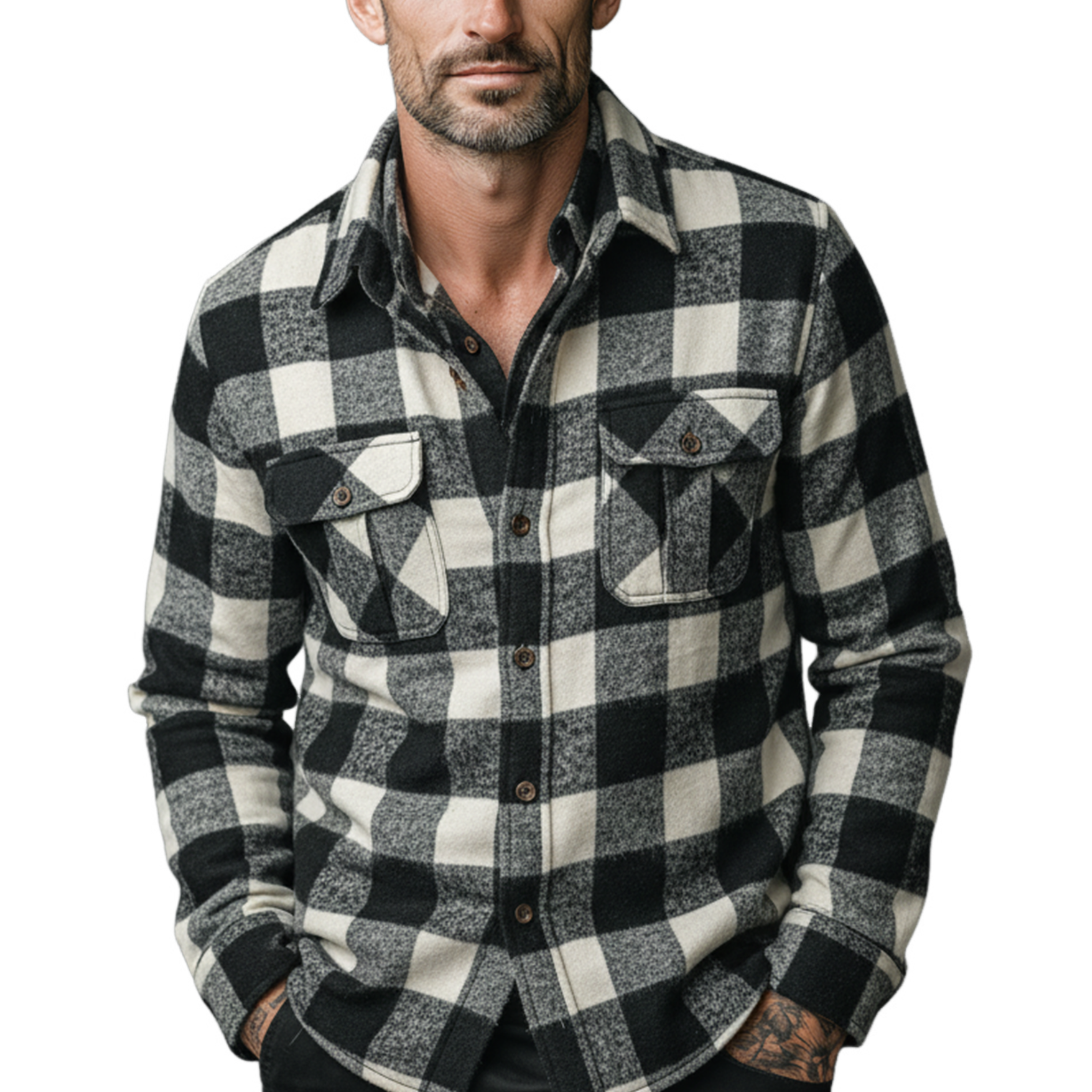 Men's Classic Casual Check Brushed Cotton Blend Pocket Long Sleeve Shirt MTA2195J6K