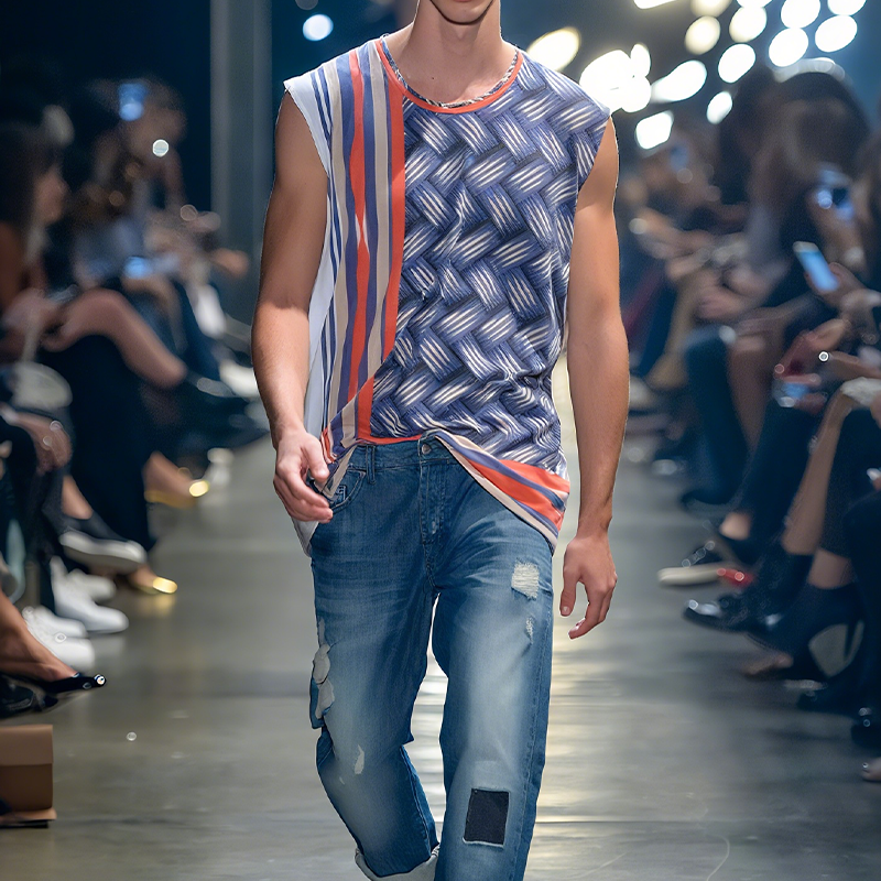 Men's Spring And Summer Fashion Casual Chiffon Printed Round Neck Tank Top MTA0407G7K