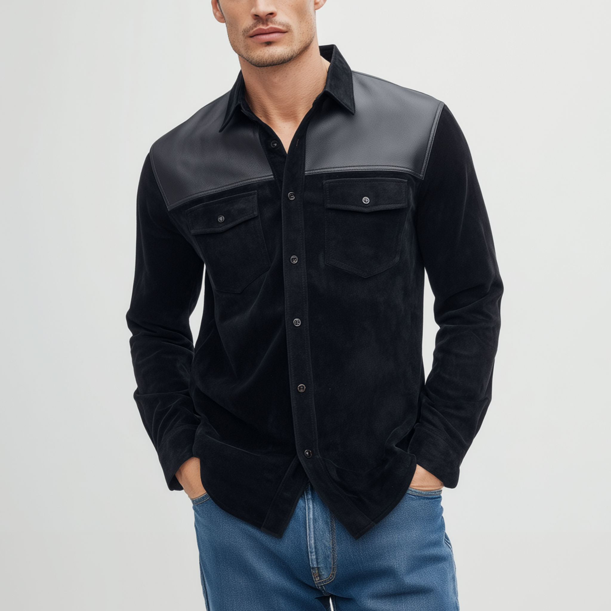 Men's Classic Casual Shoulder Stitching PU Leather Lapel Suede Long-sleeved Shirt MTA0552H7K
