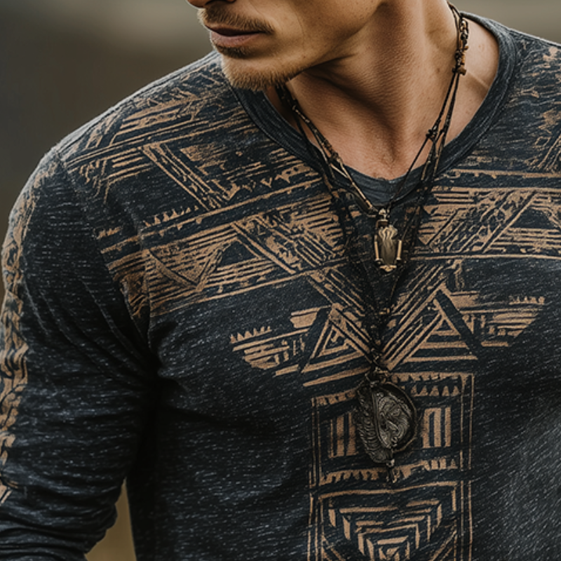 Men's Retro Casual Wilderness Ethnic Style Printed Round Neck Long Sleeve T-Shirt MTA1705G6TO