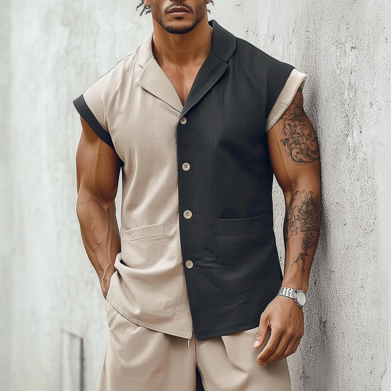 Men's Fashion Breathable Contrast Color Cotton Linen Cuban Collar Slim Sleeveless Shirt MTA2569F3M
