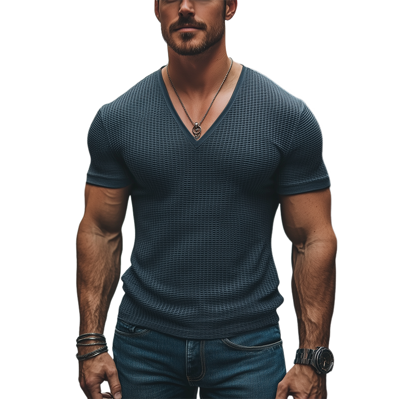 Men's Classic Casual Slim Fit Waffle Deep V Neck T-Shirt 05063707K