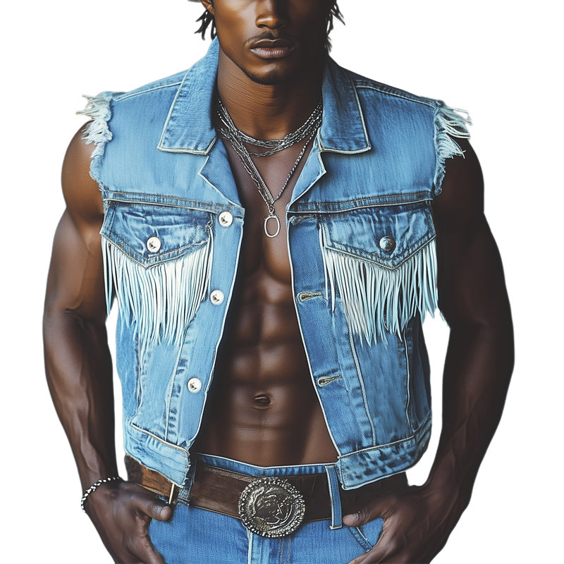 Men's Western Cowboy Style Vintage Tassel Denim Vest MTA1611E0U