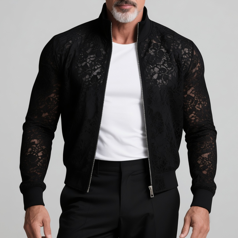 Men's Solid Lace Stand Collar Zipper Slim Jacket MTA2830G2Z