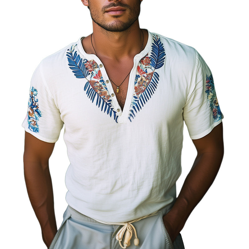 Men's Summer V-Neck Exquisite Embroidery Short Sleeve T-Shirt MTA1037E6U