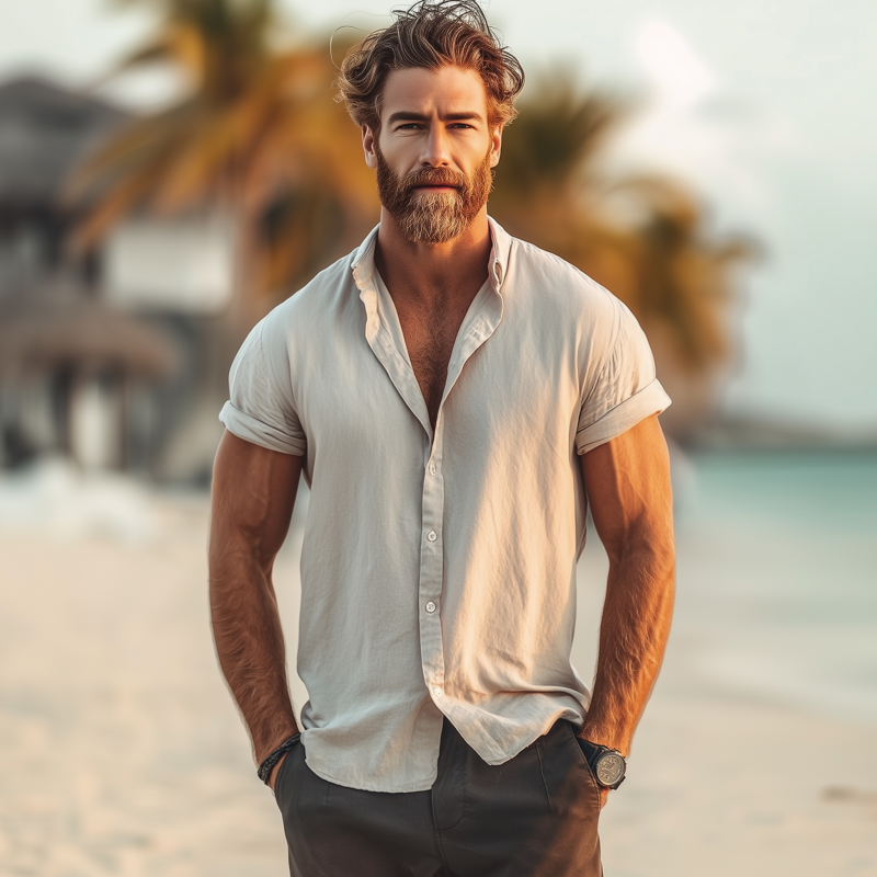 Men's Casual Breathable Solid Color Cotton Lapel Loose Short-sleeved Shirt MTA0352G6M