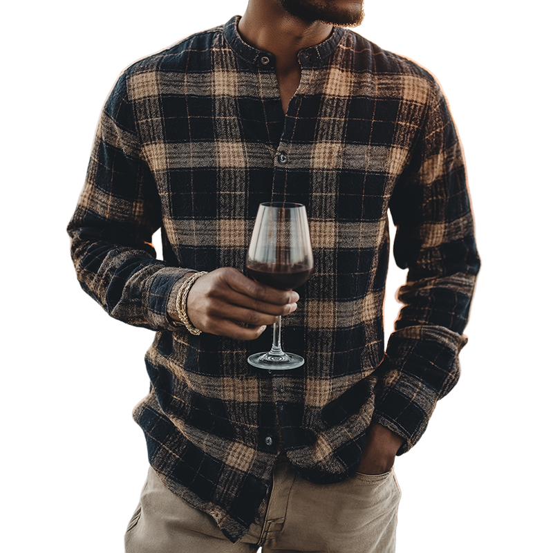 Men's Retro Casual Plaid Collarless Button-Down Long-Sleeve Shirt MTZ0577A6TO