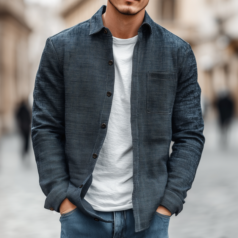 Men's Casual Breathable Cotton Linen Blend Lapel Patch Pocket Slim Fit Long Sleeve Shirt MTA1737G7M