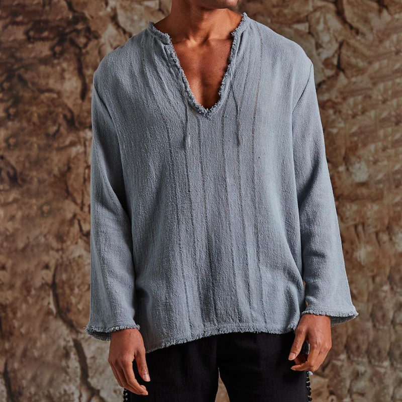 Men's Solid Color Cotton And Linen Raw Edge V Neck Long Sleeve Shirt 64703423Z