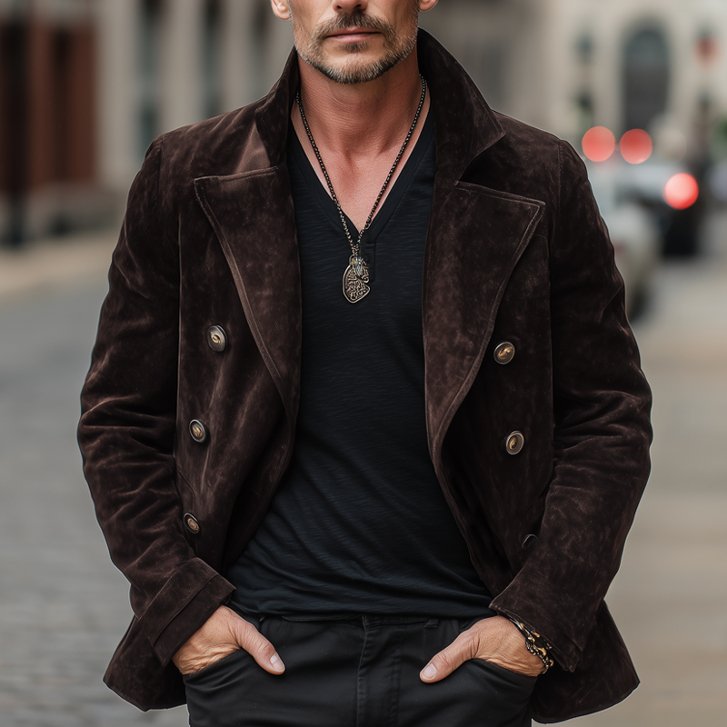 Men's Classic Double Breasted Notched Lapel Suede Jacket MTA0236I7U
