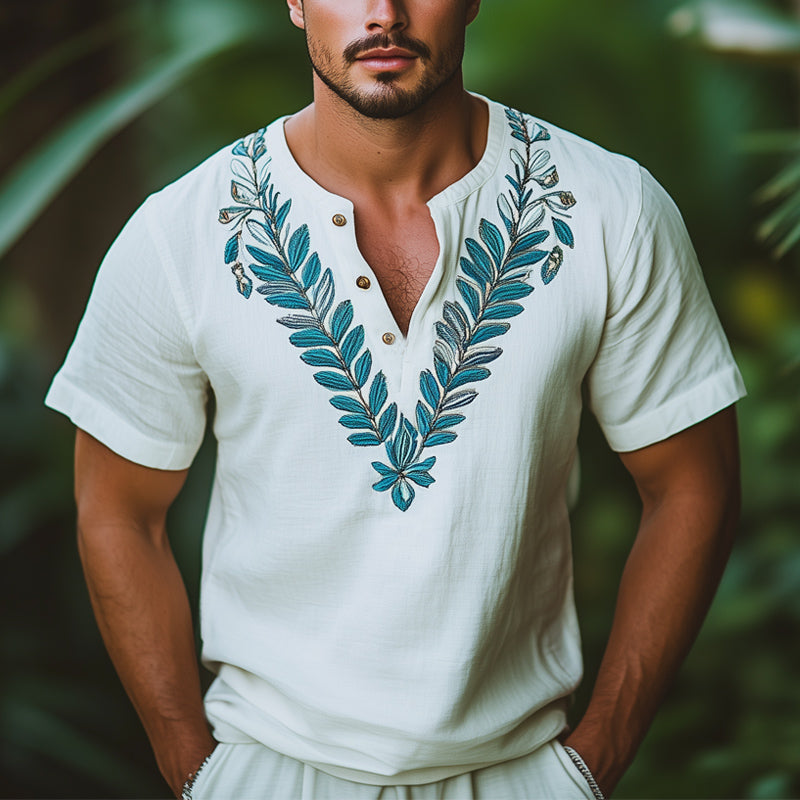 Men'S Summer V-Neck Leaf Embroidery Short Sleeve T-Shirt MTA1002E3U