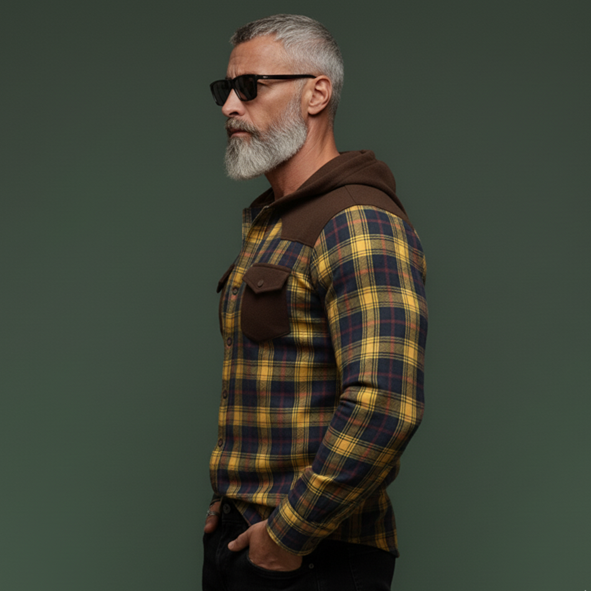 Men's Classic Casual Rugged Style Patchwork Faux Suede Hooded Plaid Brushed Long-sleeved Shirt MTA1365K0K