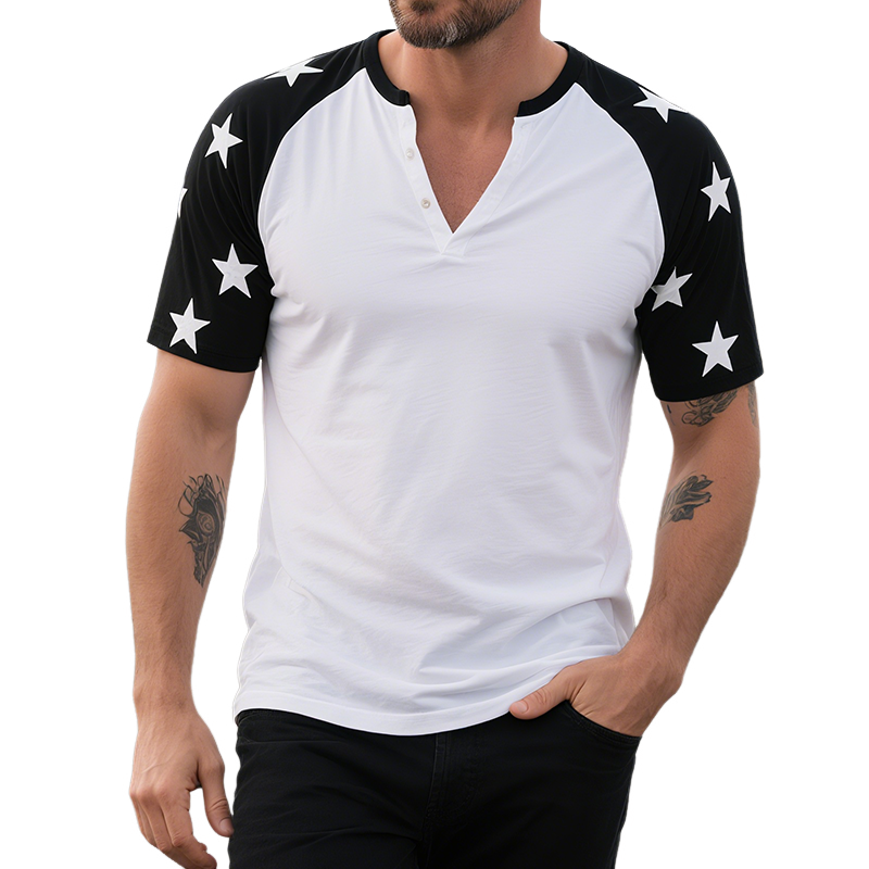 Men's Retro Casual Star Stitching Print Henley Short Sleeve T-Shirt MTA1654G2TO
