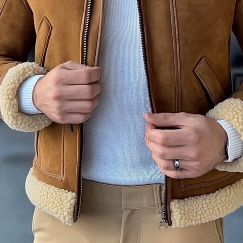 Men's Retro Faux Suede Patchwork Fleece Collar Zipper Jacket MTA0717K4X