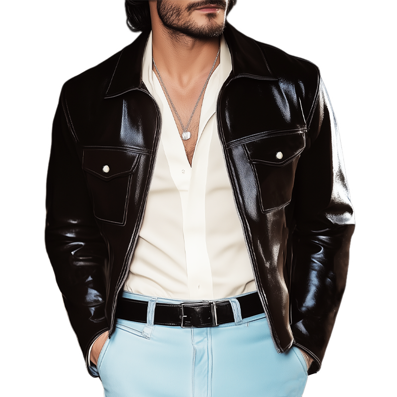 Men's Vintage Waxed Leather Lapel Zipper Jacket MTA1153H4U