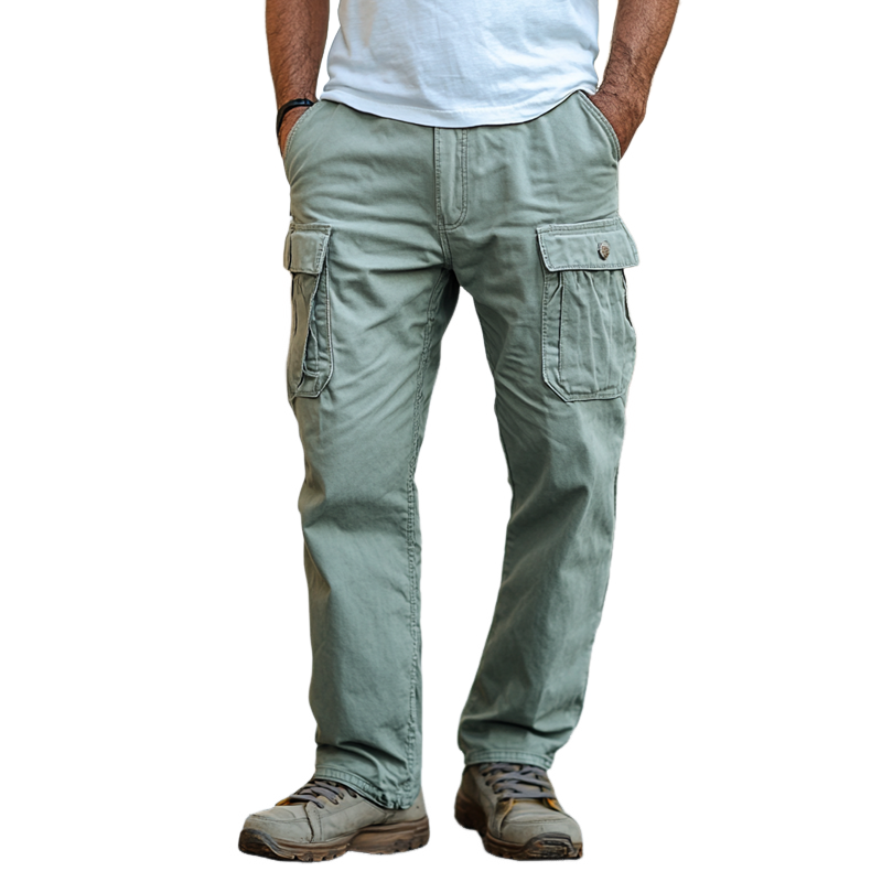 Men's Solid Color Washed Cotton Multi-pocket Straight Cargo Pants 46873536Z