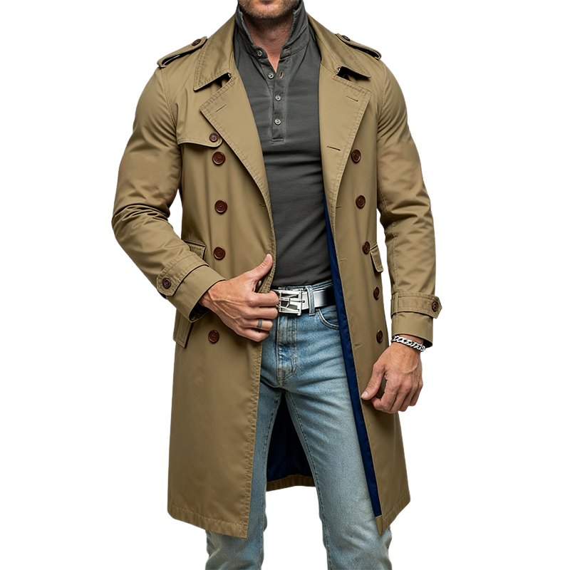 Men's Casual Cotton Lapel Double-breasted Long Trench Coat MTA1768J9X