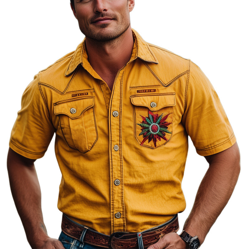 Men's Summer Yellow Exquisite Embroidered Short Sleeve Shirt MTA2895D1U