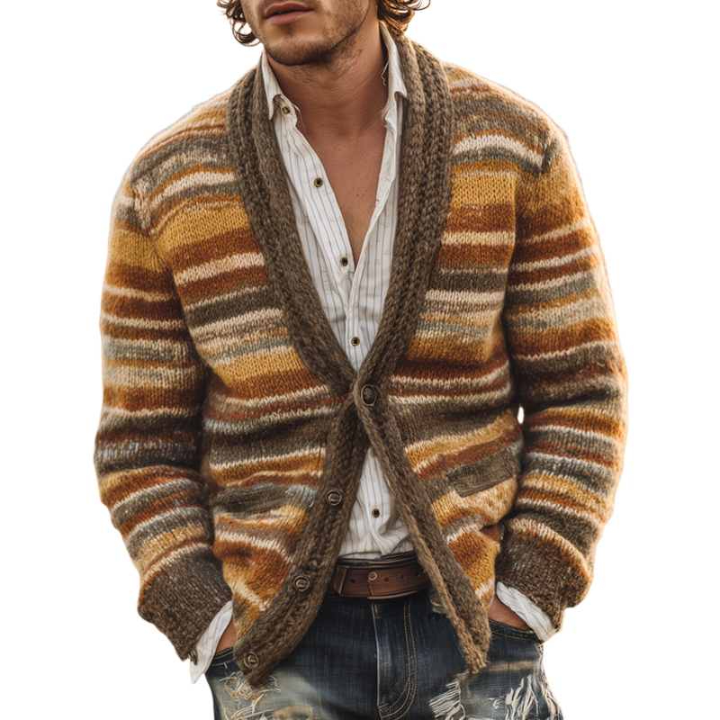 Men's Coloring Striped V Neck Single Breasted Knit Cardigan MTA3080H9Z