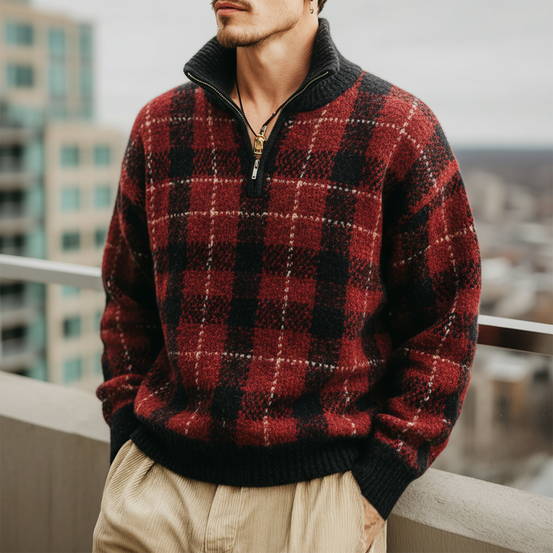 Men's Retro Black And Red Plaid Stand Collar Knitted Sweater MTA1780J6U