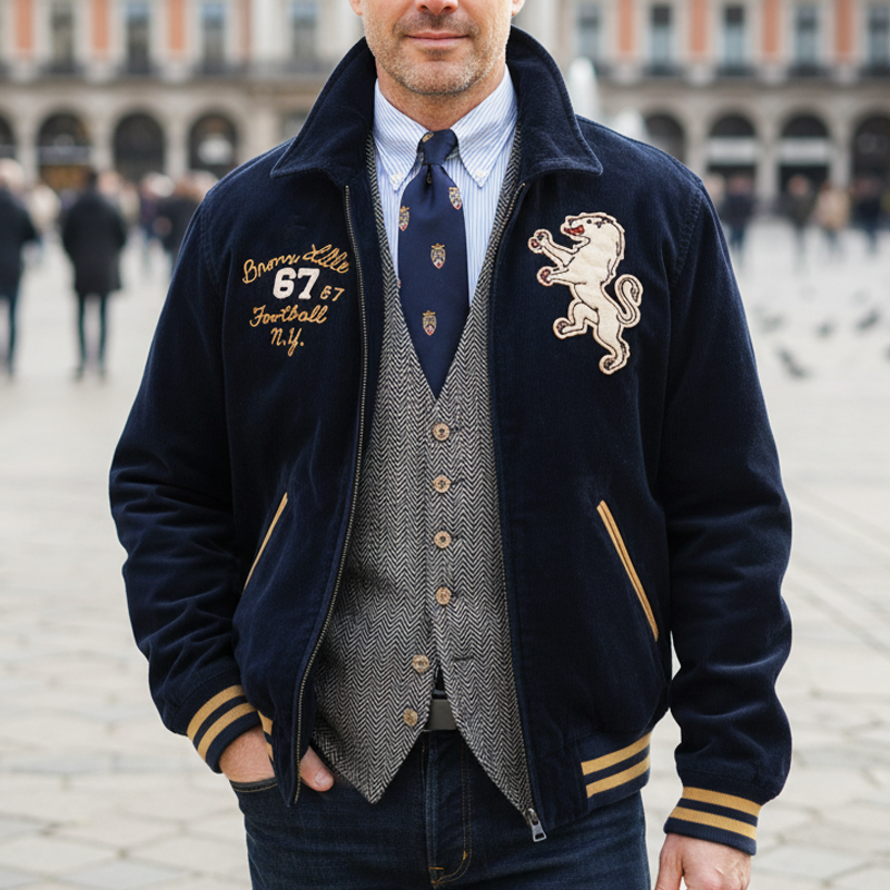 Men's Classic Navy Corduroy Embroidered Baseball Jacket MTA2333I4U