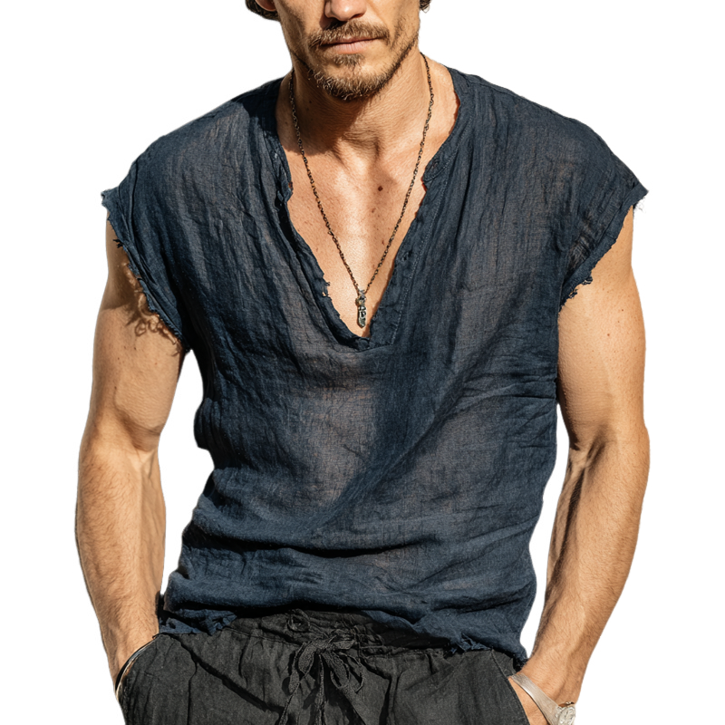 Men's Solid Color Cotton And Linen V-neck Tank Top MTA0250G3X