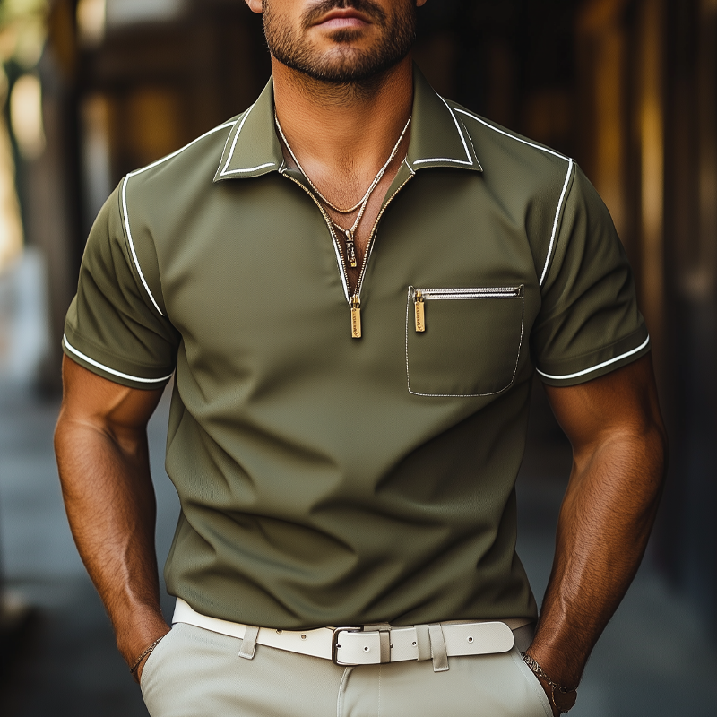 Men's Business Classic Short Sleeve Zipper Polo Neck T-Shirt MTA3010G3U