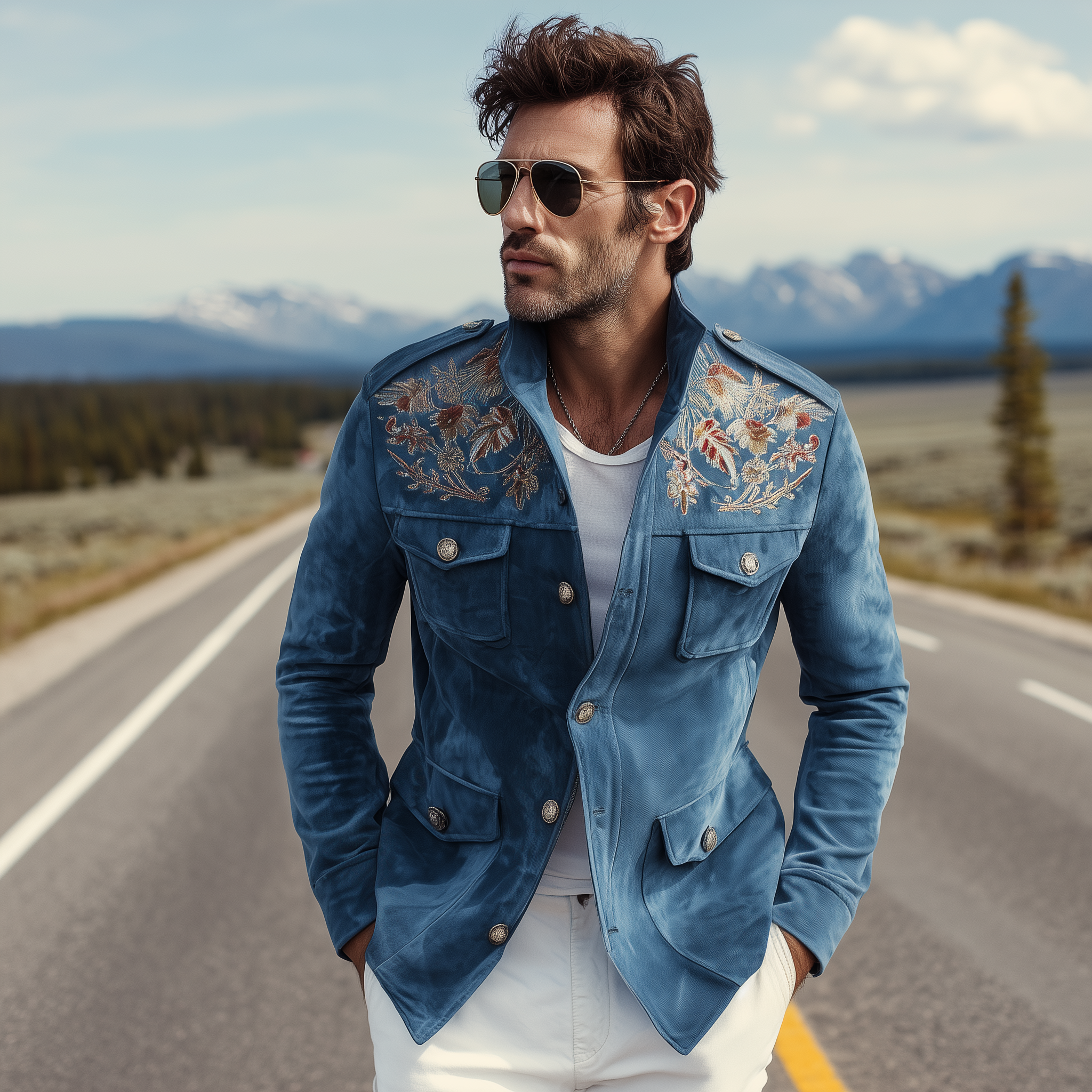 Men's Classic American Retro Western Style Embroidered Suede Multi-Pocket Jacket MTA2067H2K