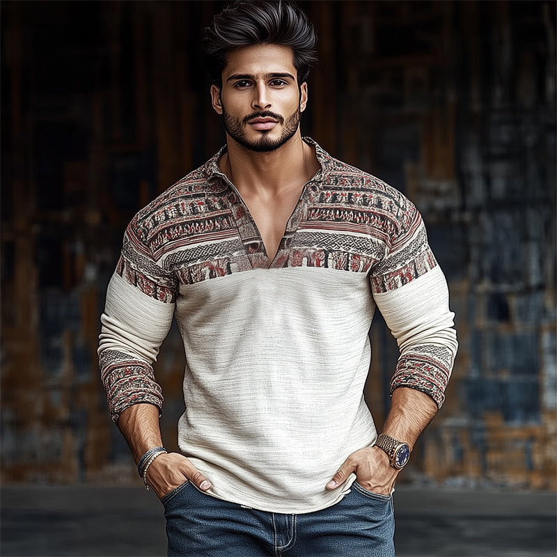 Men's Retro Printed Wrinkled V-Neck Long Sleeve T-Shirt 65754695U