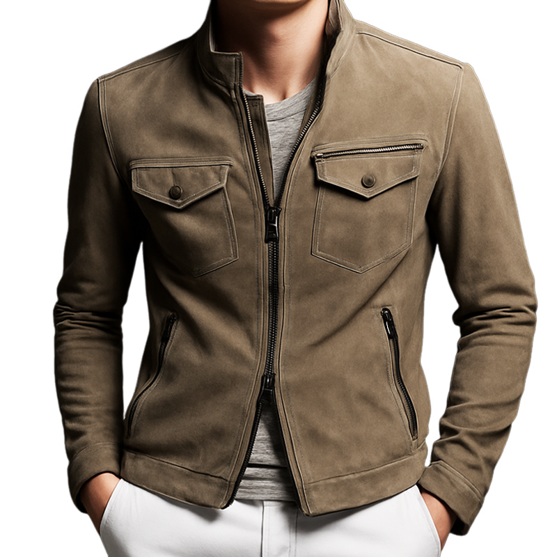 Men's Vintage Khaki Stand Collar Suede Jacket MTA0449I4U