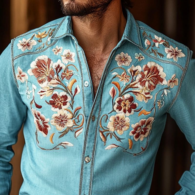 Men's Western Cowboy Style Embroidered Lapel Long Sleeve Cotton Shirt 87626235Z