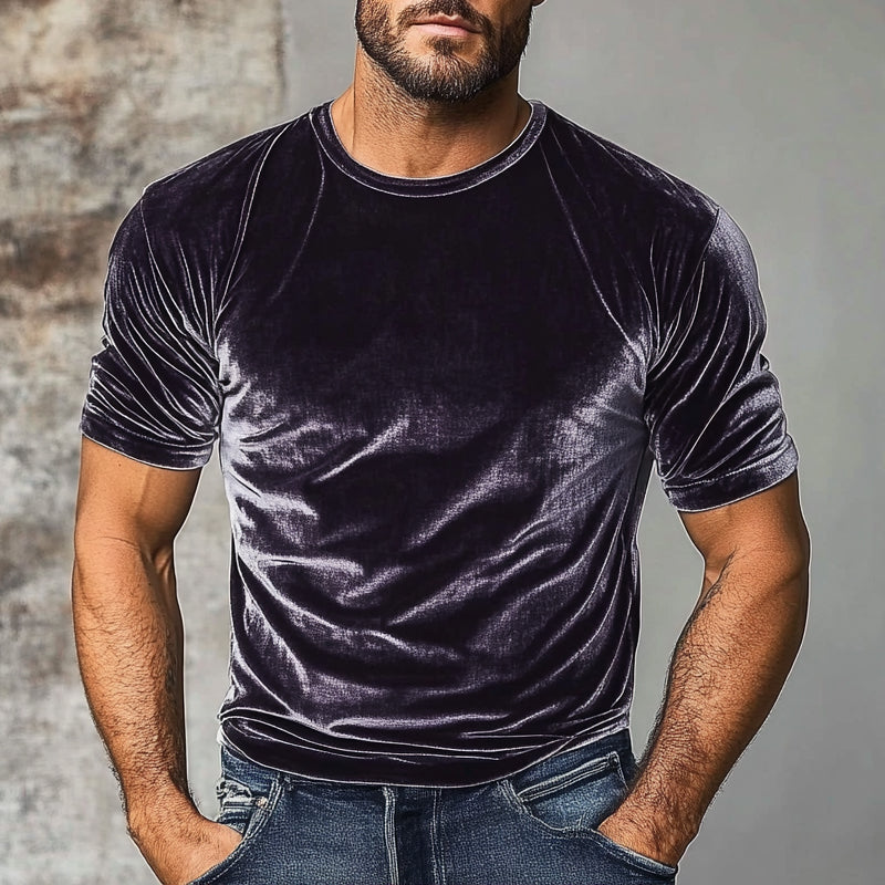 Men's Vintage Velvet Round Neck Short Sleeve T-Shirt 28894024X