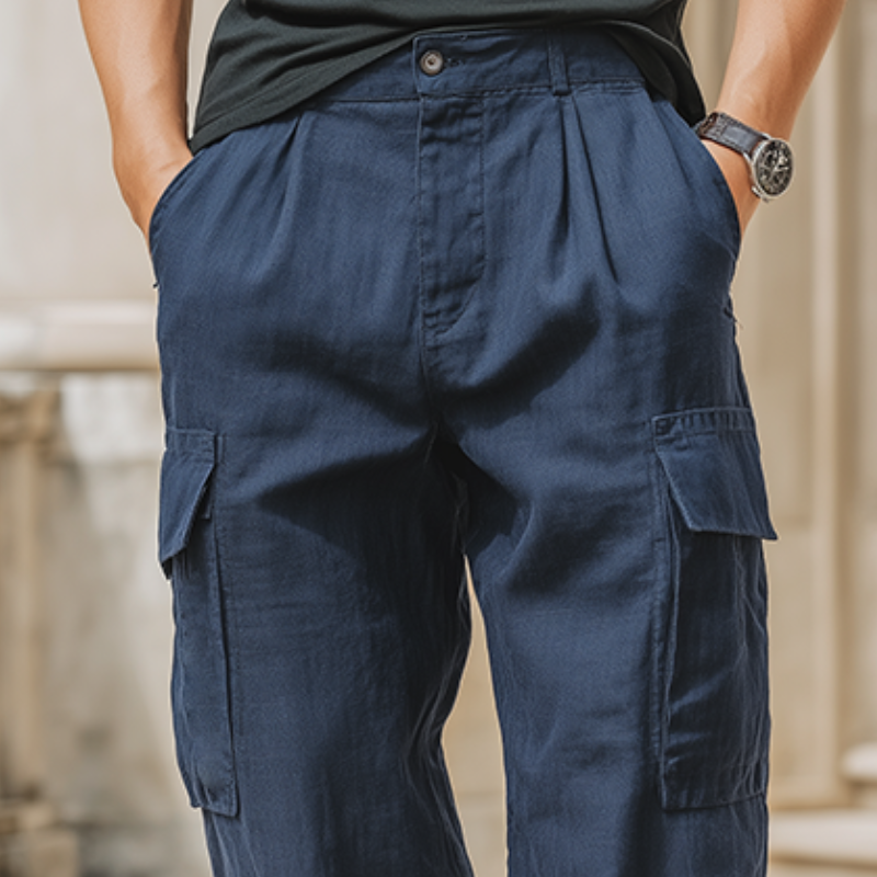 Men's Retro Casual Solid Color Cotton And Linen Pocket Pants MTA3146G0TO