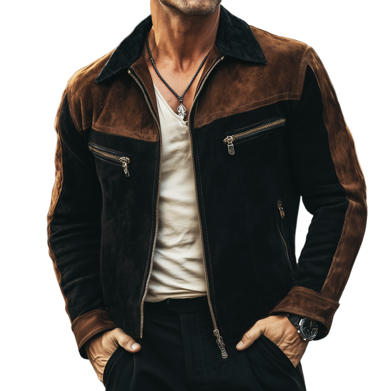 Men's Classic Vintage Colorblock Suede Zip-Up Jacket MTA0169I0U